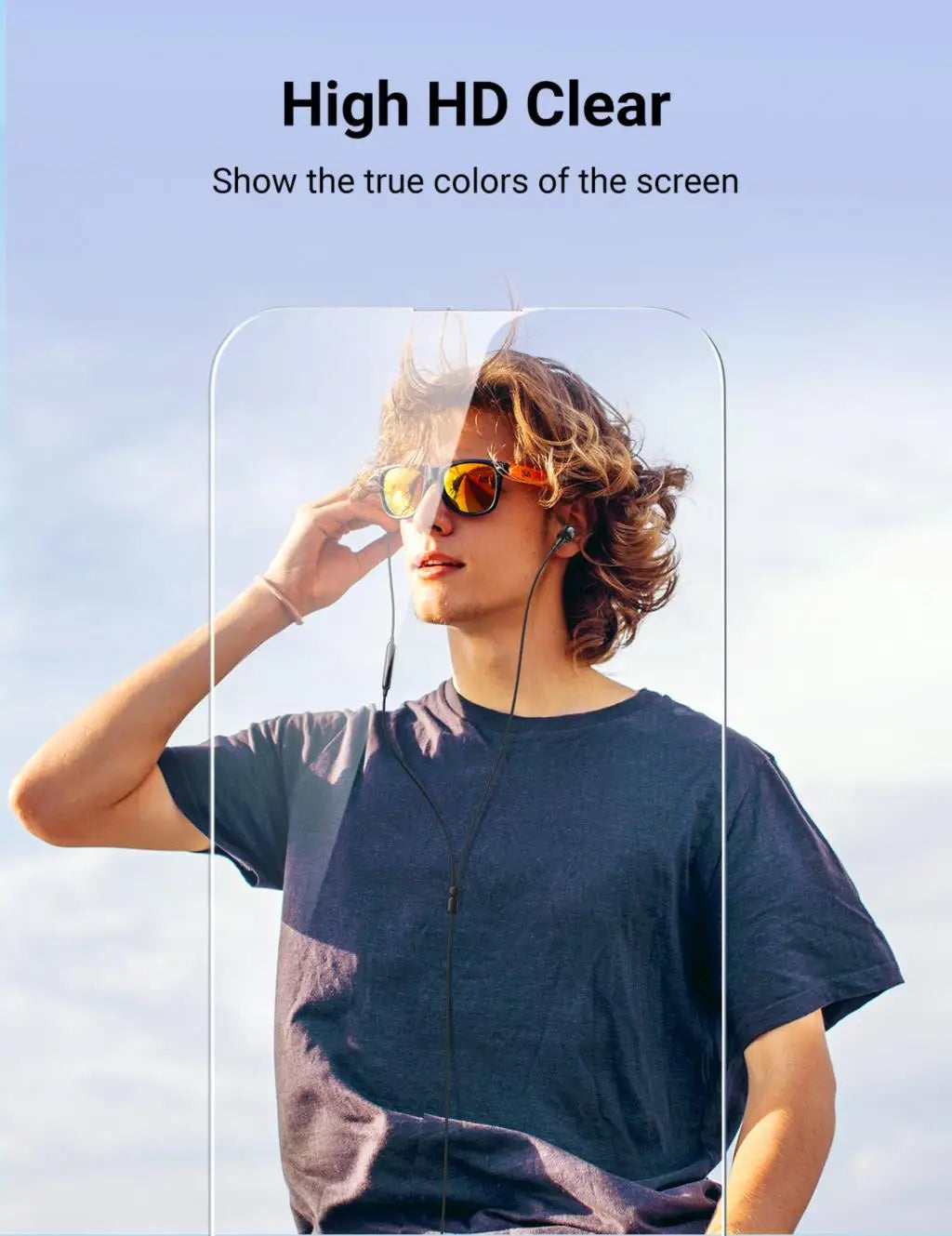 A person with sunglasses and earphones stands outdoors, holding a phone with a YKSPACE 2Pcs Anti Blue-Ray Tempered Glass Screen Protector, highlighting HD clarity and Eye Care Technology. Text: High HD Clear. Show the true colors of the screen.