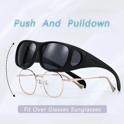 The MOKDUFF Polarized Sunglasses fit comfortably over prescription glasses with UV400 protection, featuring an easy push and pulldown mechanism for style and safety.
