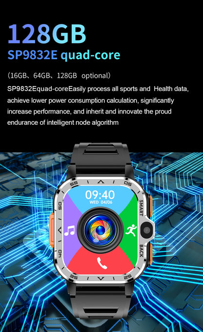 The Valdus PGD Smart Watch for Men features a vibrant 09:40 display with icons for music, camera, and messages, a sleek black band, and an intricate blue digital circuit backdrop. It boasts 4G dual camera capability and 128GB storage with SP9832E quad-core options.