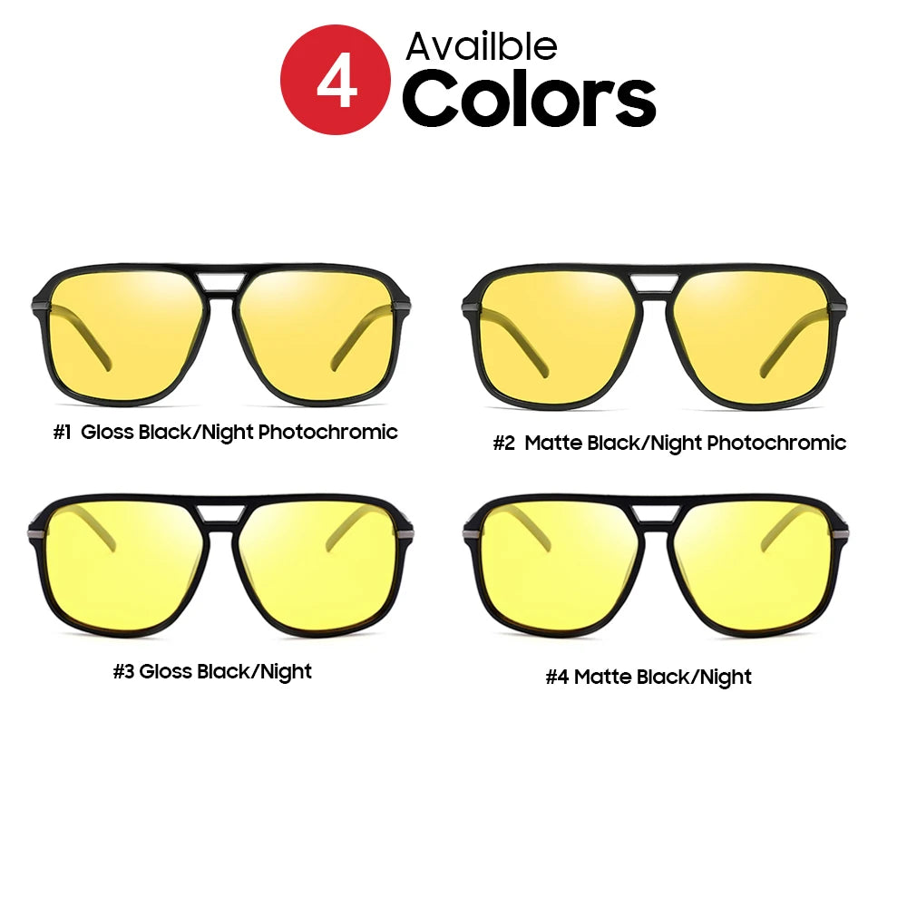 Image of four pairs of VIVIBEE Mens Polarized Night Vision Glasses with yellow lenses, ideal for night driving. Labeled: 1) Gloss Black/Night Photochromic, 2) Matte Black/Night Photochromic, 3) Gloss Black/Night, 4) Matte Black/Night. Text above reads 4 Available Colors - Stylish Clarity.