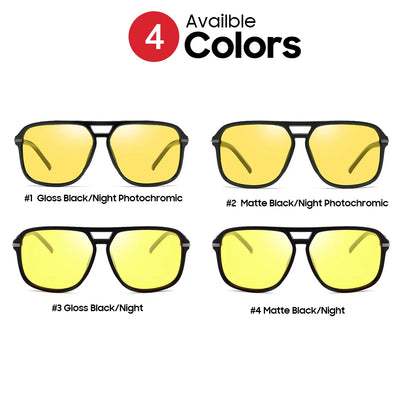 Image of four pairs of VIVIBEE Mens Polarized Night Vision Glasses with yellow lenses, ideal for night driving. Labeled: 1) Gloss Black/Night Photochromic, 2) Matte Black/Night Photochromic, 3) Gloss Black/Night, 4) Matte Black/Night. Text above reads 4 Available Colors - Stylish Clarity.