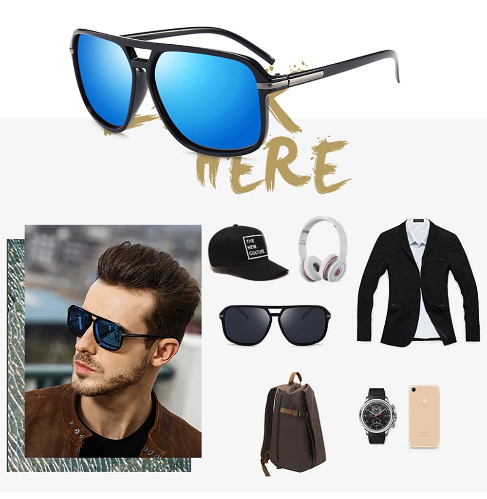 Collage showing blue-lens sunglasses above related fashion items: a man in VIVIBEE Mens Polarized Night Vision Glasses, a cap, headphones, a black suit, backpack, black shades, a watch, and a gold smartphone.