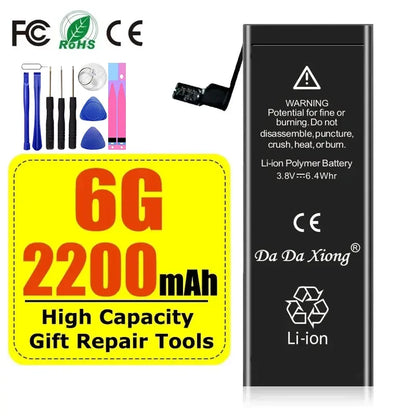 This high-capacity 1800mAh+ lithium-ion polymer battery, compatible with iPhone models 4-11 Pro Max, offers extended life. The package includes repair tools like mini screwdrivers and a suction cup, with CE and RoHS certification logos clearly visible.