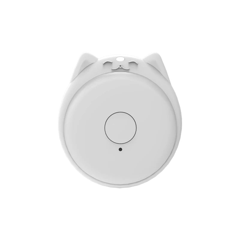 A round, white Seamopar Mini GPS Tracker resembles an Anti-Lost Bluetooth Key Finder with cat ears on top, featuring a central circular button and a small dot beneath it on a plain, white background.