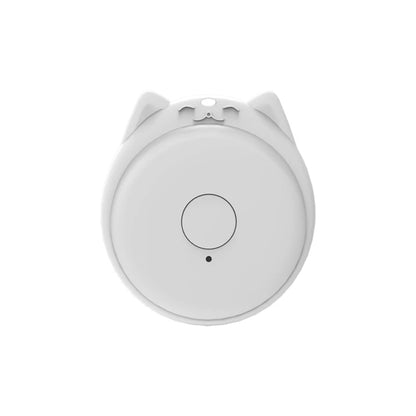 A round, white Seamopar Mini GPS Tracker resembles an Anti-Lost Bluetooth Key Finder with cat ears on top, featuring a central circular button and a small dot beneath it on a plain, white background.