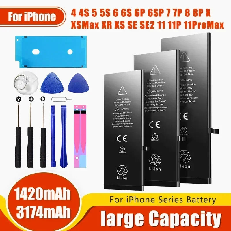 Image displays three High Capacity iPhone Battery 4-11 Pro Max, ranging from 1800mAh to 3174mAh, compatible with models 4-11 Pro Max. Includes installation and repair tools. Text emphasizes extended battery life.