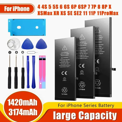 Image displays three High Capacity iPhone Battery 4-11 Pro Max, ranging from 1800mAh to 3174mAh, compatible with models 4-11 Pro Max. Includes installation and repair tools. Text emphasizes extended battery life.