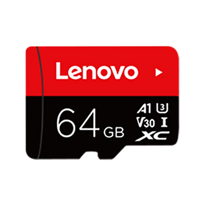 Lenovo microSD card in black and red offers 128GB storage with A1, U3, V30, XC ratings for high-speed data transfer at 100MB/s.