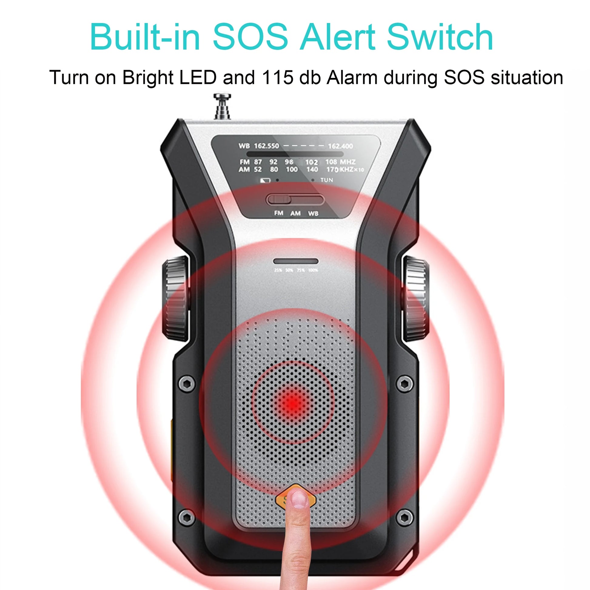 A person presses the SOS alert on a Daykit Solar-Powered Emergency Weather Radio, an essential survival tool. The silver radio emits a bright red signal and features a bright LED and 115 dB alarm for emergencies.