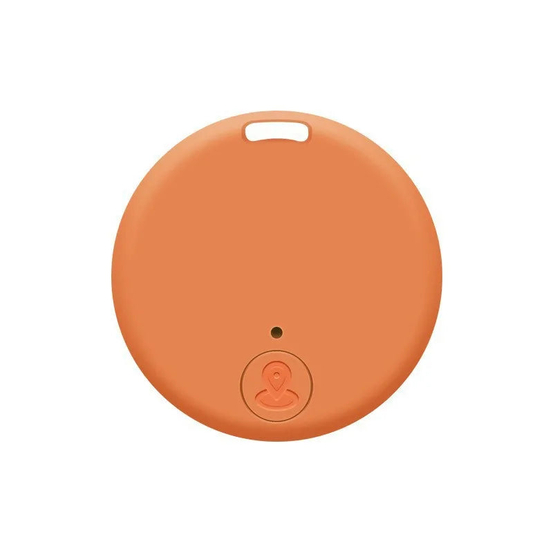 The Seamopar Mini GPS Tracker is a small, round, orange device with a location pin symbol at the bottom and a tiny hole near the top. Designed as an Anti-Lost Bluetooth Key Finder, it features a cut-out at the top for easy attachment to keychains.