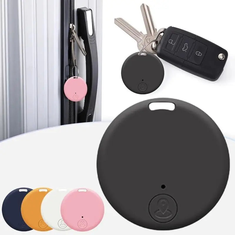 Image of Seamopar Mini GPS Tracker in black, pink, and white. The black tracker is on a keychain with car keys. Its rounded, compact design against a door background provides anti-theft alerts for peace of mind.