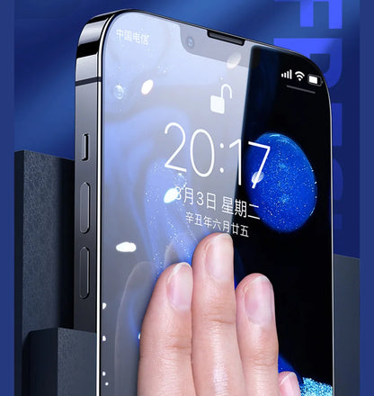 A close-up of a person unlocking their smartphone with a swipe. The screen shows 20:17 and March 3rd, Friday in Chinese, on a blue abstract background. Protected by YKSPACE 2Pcs Anti Blue-Ray Tempered Glass Screen Protector for eye care.