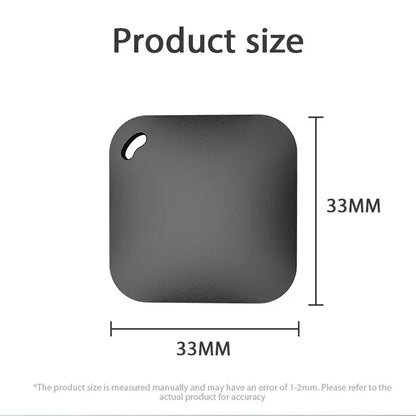 The Mini Bluetooth GPS Tracker for Easy Anti-Lost Solutions is a square black device, 33mm by 33mm, with a small hole in the top left corner. Note: measurements might vary by 1-2mm; please refer to the actual product for precise dimensions.