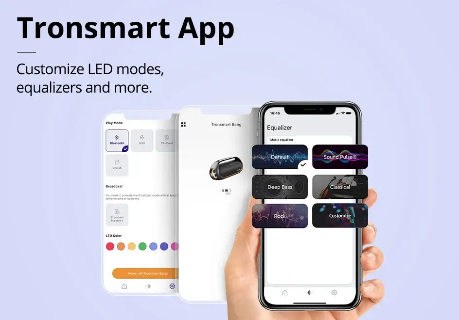 With the Tronsmart Bang Speaker 60W Bluetooth, effortlessly use the smartphone app for seamless control: customize LED modes, set equalizers like Deep Bass, enjoy music modes such as Classical, and choose vibrant LED colors—all against a light purple background.