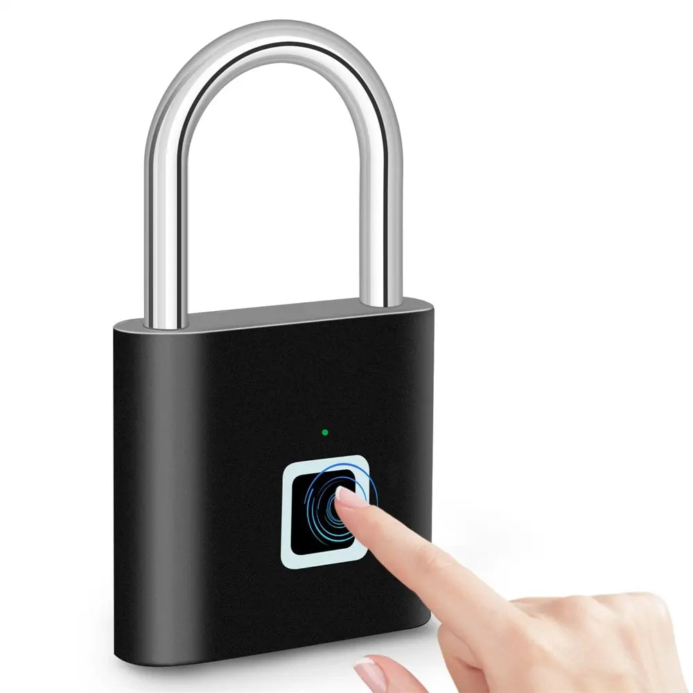 A hand approaches the KERUI Keyless Fingerprint Padlock with its metallic shackle, showcasing advanced fingerprint technology. The sensor displays a blue and white spiral, ready for quick access with a fast 0.2s waterproof unlock.
