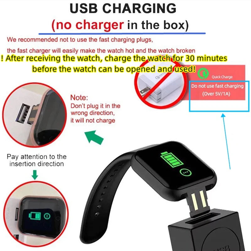 To charge your Smart Watch for Men & Women - Bluetooth Fitness Tracker, avoid fast charging. Ensure the USB is correctly oriented and charge for 30 minutes before initial use. An image shows a smartwatch being charged via USB. Enjoy Bluetooth music control and an integrated fitness tracker during use.