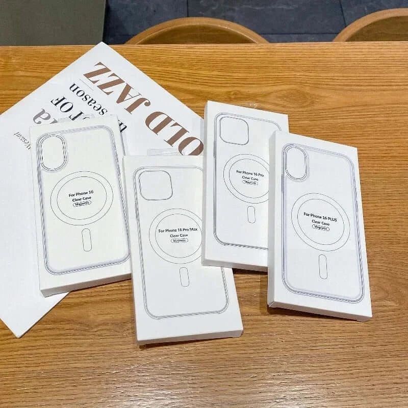 Packaging of transparent PC phone case with MagSafe compatibility displayed on a wooden table.