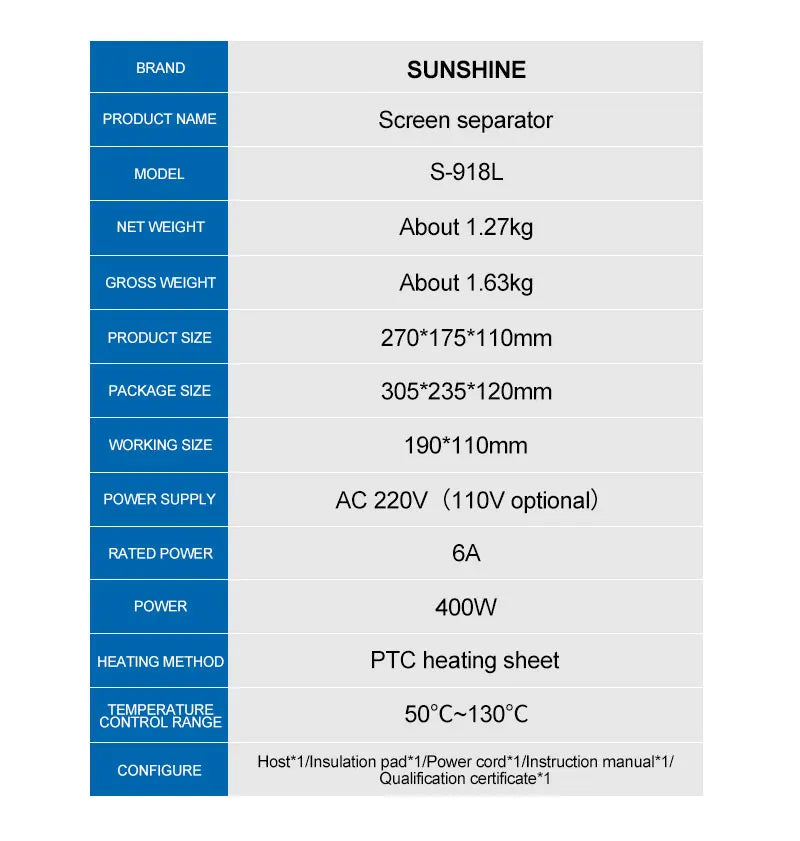 SUNSHINE S-918L LCD-skjermseparator med supersug