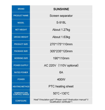 SUNSHINE S-918L LCD-skjermseparator med supersug