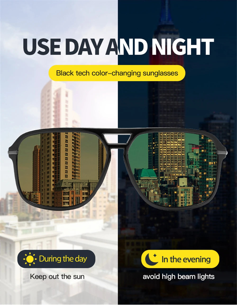 Day scene: Sunglasses protect from the sun. Night scene: Cityscape with VIVIBEE Mens Polarized Night Vision Glasses - Stylish Clarity to tackle high beams. Text reads: Use Day and Night.