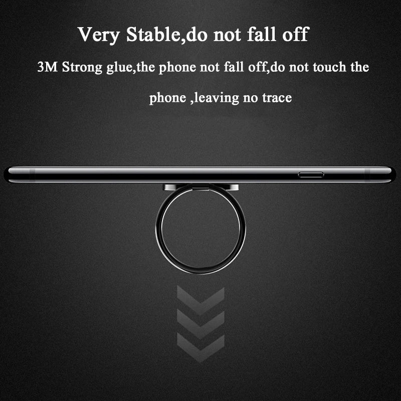 A smartphone rests horizontally, supported by the Luxury Metal 360° Rotation Mobile Phone Ring Holder. Its strong 3M adhesive provides stability without leaving a trace, and allows full rotation visibility.