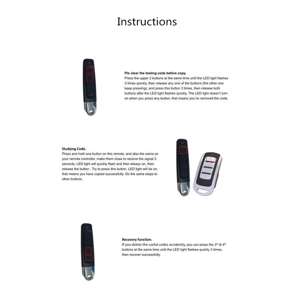 The Universal 433MHz Wireless Remote Control For Garage Access features image-guided, labeled instructions for code clearing, studying, and recovery—ideal for controlling garage doors or gates.