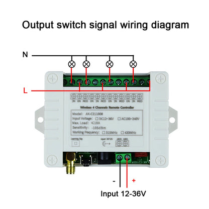 Smart 4 Channel RF Relay Switch - 10A Remote Control