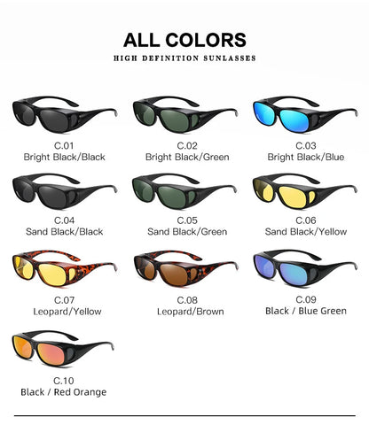 Discover the MOKDUFF Polarized Sunglasses, designed to comfortably fit over glasses. With UV400 protection and a wide selection of lens colors and frame styles, from C.01 Bright Black/Black to C.10 Black/Red Orange, these sunglasses offer both style and safety in every pair.