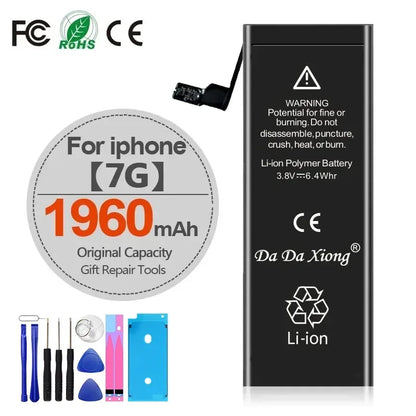 The High Capacity iPhone Battery 4-11 Pro Max 1800mAh+ offers a boost for iPhone 7 and is compatible with models from iPhone 4 to 11 Pro Max. It includes repair tools like screwdrivers and plastic picks, with safety warnings and FCC, RoHS, and CE certifications.