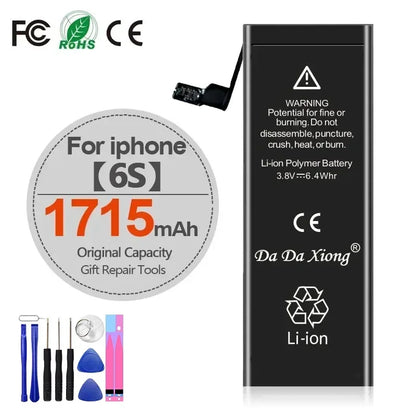 High Capacity iPhone Battery 4-11 Pro Max 1800mAh+ boosts battery life, fits iPhone 4–11 Pro Max. Features warning text, brand logo, recycling & CE symbols. Gift repair tools shown bottom left for convenience.
