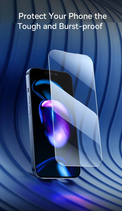 The YKSPACE 2Pcs Anti Blue-Ray Tempered Glass Screen Protector hovers above a vibrant smartphone display, with flowing blue curves highlighting Eye Care Technology and text reading, Protect Your Phone the Tough and Burst-proof.