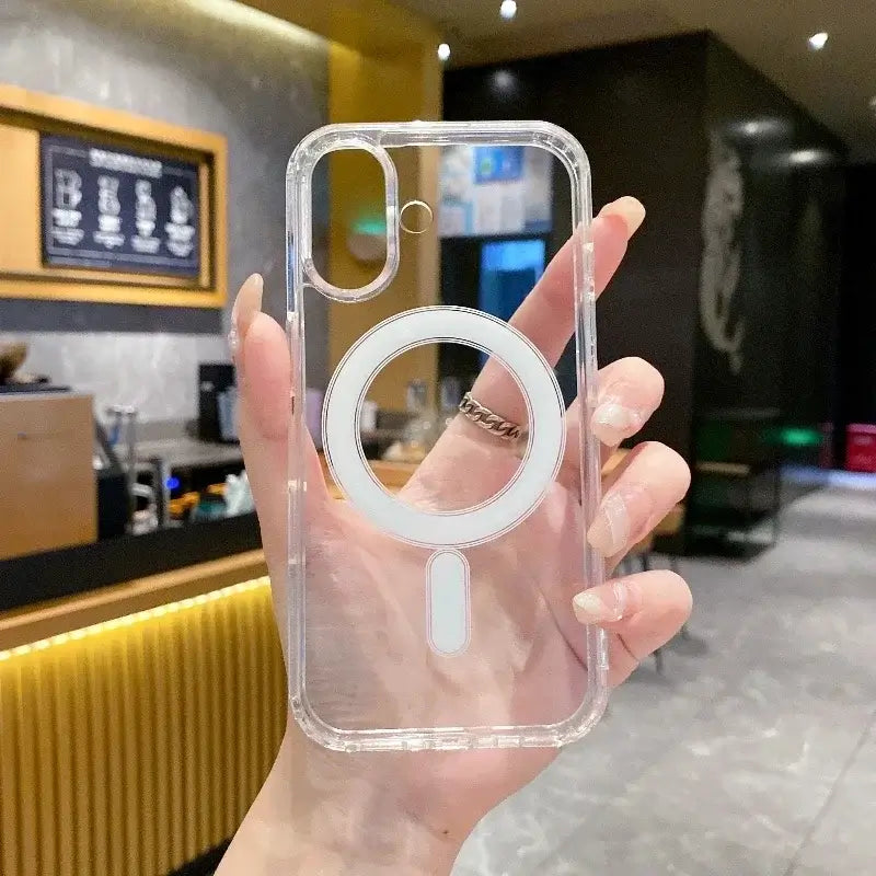 Transparent PC phone case with MagSafe compatibility for wireless charging, offering stylish and durable protection.