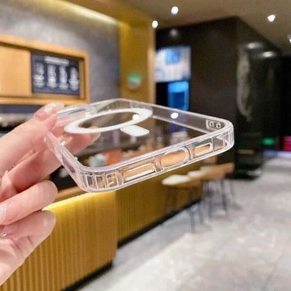 Transparent PC phone case with MagSafe wireless charging held in hand, showcasing durable design and compatibility for effortless charging.