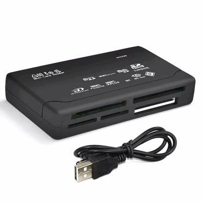 The USB 2.0 Mini Memory Card Reader With Multi-Card Support is a black device with multiple card slots and white labeling on top; a detachable USB 2.0 cable lies in front of it.