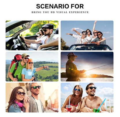 Six images display people engaged in outdoor activities like driving, hiking, and fishing while wearing MOKDUFF Polarized Sunglasses with UV400 protection. Smiling under the sun, they enjoy clear views. Text above reads: Scenario for Bring You HD Visual Experience.