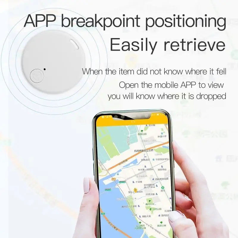 A hand holds a smartphone with a map route. Text reads APP breakpoint positioning. Displayed is the Seamopar Mini GPS Tracker - Compact Anti-Lost Bluetooth Key Finder with an app to easily retrieve and locate lost items.