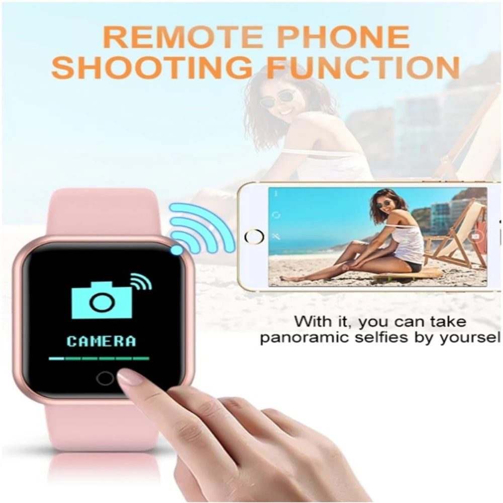 The Smart Watch for Men & Women, equipped with a pink band, features a fitness tracker and camera icon. Tapping the watch highlights its remote phone shooting capability, as an image of a woman on a beach is displayed. Orange text reads: REMOTE PHONE SHOOTING FUNCTION.