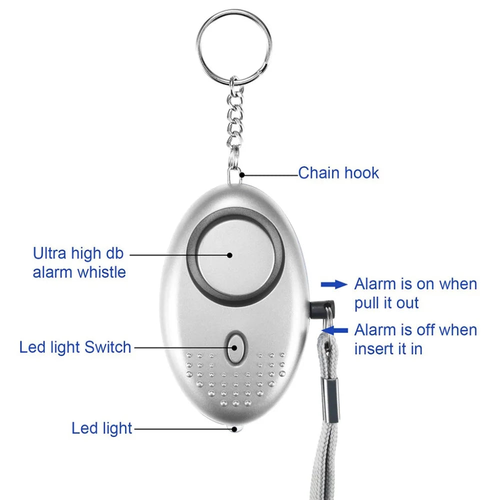 The 130dB Personal Safety Alarm Keychain features a keychain hook, LED light, and switches for easy use. The alarm sounds at 130dB when the pin is pulled and stops when reinserted. Its lightweight and perfect for self-defense!.