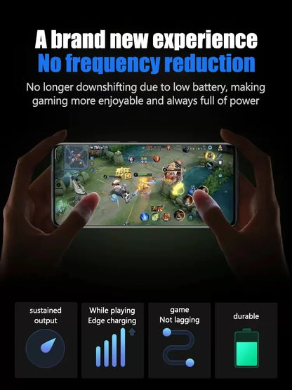 A person holds an iPhone with a game on screen. Text reads: Experience the High Capacity iPhone Battery 4-11 Pro Max 1800mAh+ for extended battery life. Icons show: sustained output, edge charging during play, lag-free gaming, and durability.