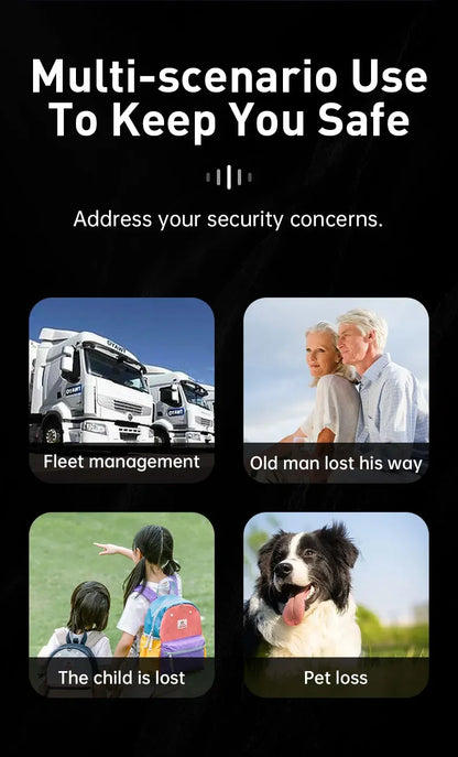 Four scenarios are shown: fleet management, an elderly man lost, children with backpacks labeled lost, and a missing dog—all tracked by the Mini Magnetic GPS Tracker: Real-Time Pet Locator.