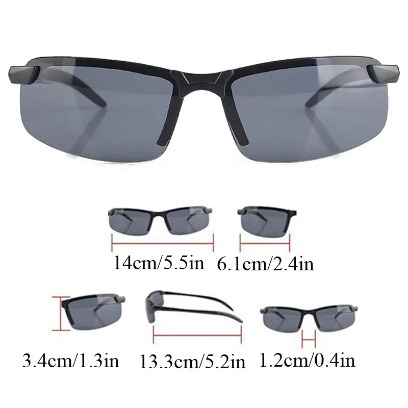 The HARKO Polarized Night Vision Cycling Sunglasses feature black frames and dark lenses, ideal for outdoor adventures. They measure 14cm wide, with a 6.1cm lens height, 3.4cm lens width, 13.3cm temple length, and a bridge of 1.2cm.