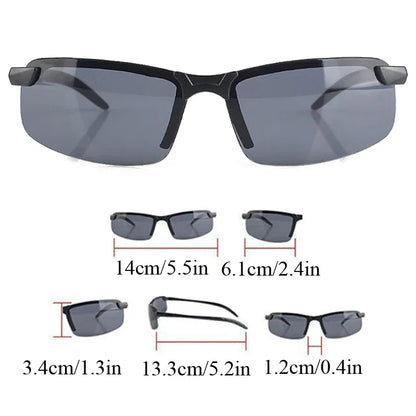 The HARKO Polarized Night Vision Cycling Sunglasses feature black frames and dark lenses, ideal for outdoor adventures. They measure 14cm wide, with a 6.1cm lens height, 3.4cm lens width, 13.3cm temple length, and a bridge of 1.2cm.
