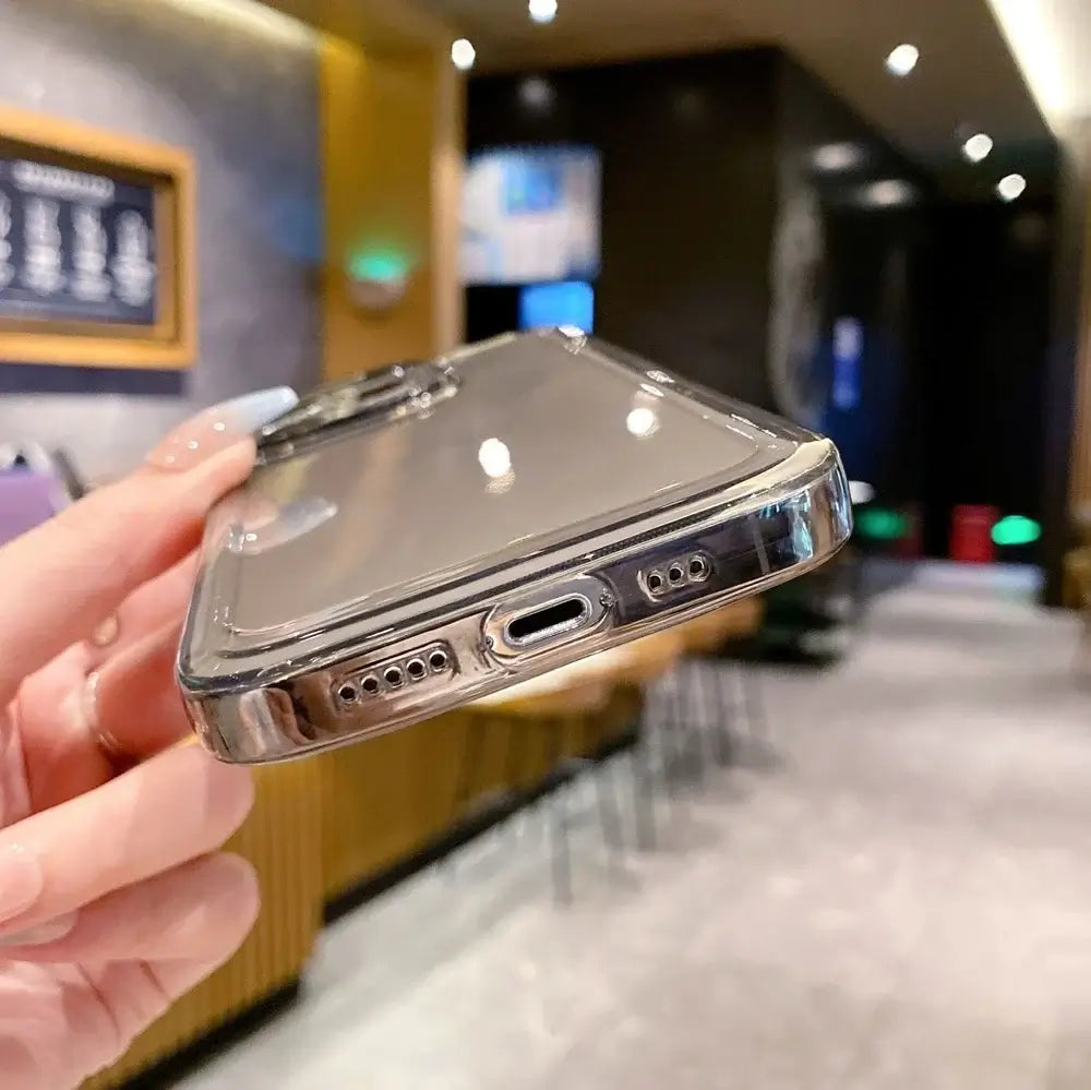 Luxury Transparent TPU Shockproof Phone Case for iPhone displaying sleek design and premium protection against drops.