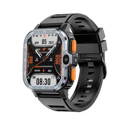 The Valdus PGD Smart Watch for Men features a sleek black band, rectangular multi-functional display with date, steps count, heart rate, battery level, and time. It has orange accents, multiple side buttons, and offers enhanced connectivity with 4G dual camera capabilities.