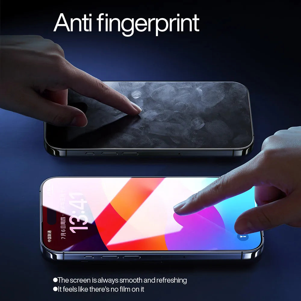 Two smartphones lie on a dark surface. The top one has a smudged display, while the vibrant screen below is shielded by the SmartDevil Tempered Glass Screen Protector for iPhone 16 Pro Max, labeled Anti fingerprint, which hints at advanced anti-blue light features.