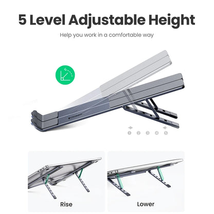 The UGREEN Laptop Stand - Adjustable Foldable Aluminum features five height levels, and its ergonomic design is illustrated in images showing both raised and lowered positions. Sleek and metallic, it offers optimal support for prolonged use.