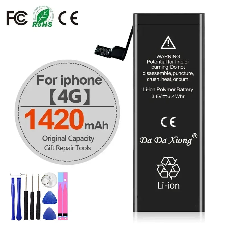 High Capacity iPhone Battery 4-11 Pro Max 1800mAh+ shown with repair tools such as screwdrivers and pry tools. Battery warning and certification logos are visible. Compatible with iPhone models 4 to 11 Pro Max.