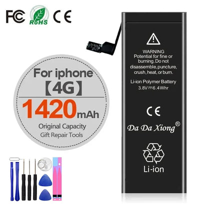 High Capacity iPhone Battery 4-11 Pro Max 1800mAh+ shown with repair tools such as screwdrivers and pry tools. Battery warning and certification logos are visible. Compatible with iPhone models 4 to 11 Pro Max.