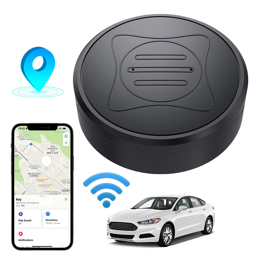 The sleek Mini GPS Tracker - Real-Time Magnetic Smart Locator is shown. A smartphone map illustrates its tracking, with a blue location pin and Wi-Fi icon. A white car depicts its vehicle tracking feature, delivering safety alerts at crucial moments.