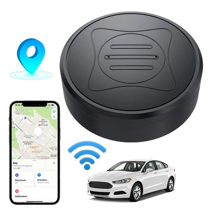 The sleek Mini GPS Tracker - Real-Time Magnetic Smart Locator is shown. A smartphone map illustrates its tracking, with a blue location pin and Wi-Fi icon. A white car depicts its vehicle tracking feature, delivering safety alerts at crucial moments.